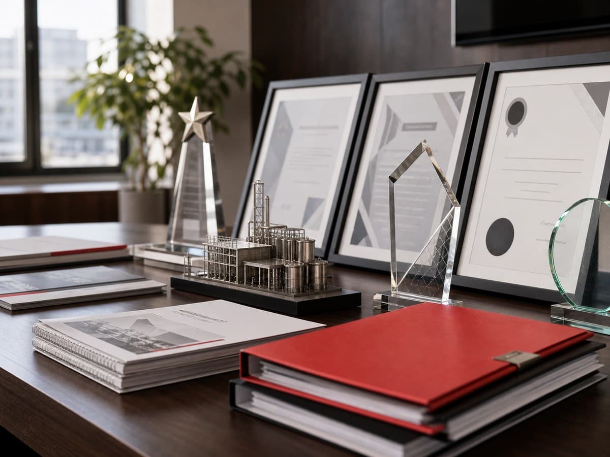 Framed certificates and achievement documents in a professional office