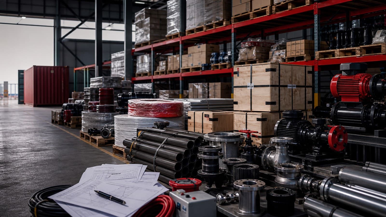 Organized industrial supply materials, pumps, pipes, and warehouse stock