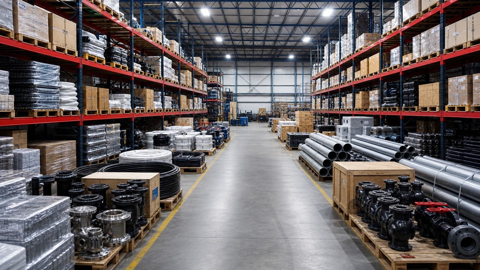 Organized warehouse stock of engineering materials and project supply products